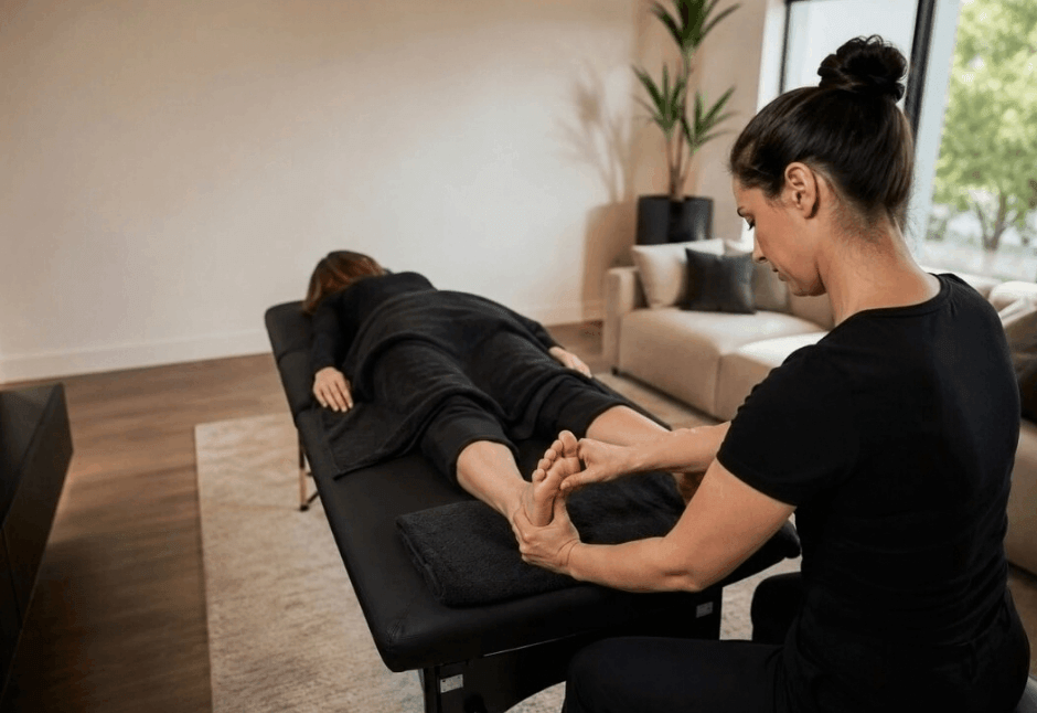 A reflexologist gently presses a client’s foot on a padded treatment table in a calm, sunlit room, creating a relaxed wellness setting.