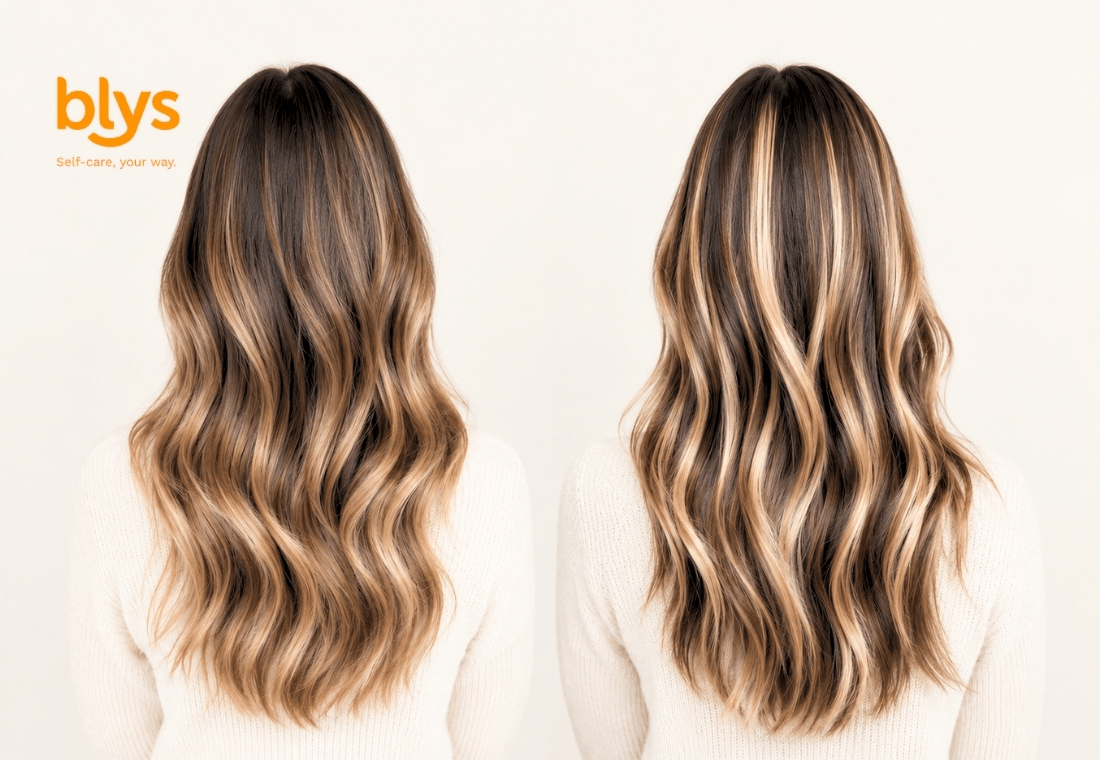 Side-by-side rear view of two women with long, wavy brunette hair featuring one with warm caramel balayage and the other in highlights, styled in glossy, flowing layers.