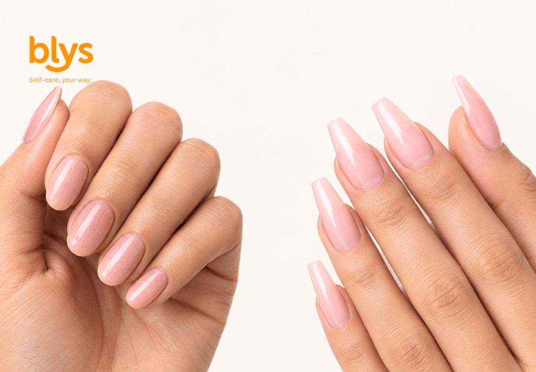 Two hands display glossy pink almond-shaped manicures; dip powder on the left and acrylic on the right, against a clean white background, with the orange “blys” logo in the corner.