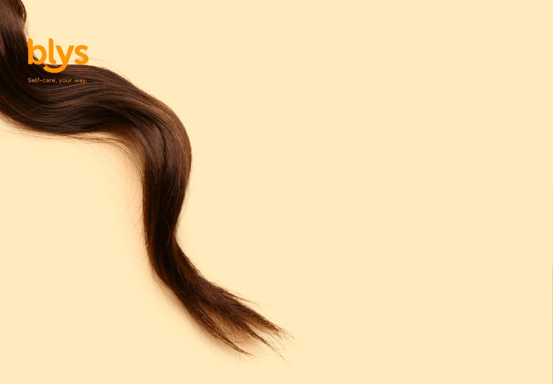 Minimalist Blys wellness graphic: flowing dark brown hair with high porosity curves across a warm cream background beneath the orange “blys” logo, creating a calm, elegant mood.