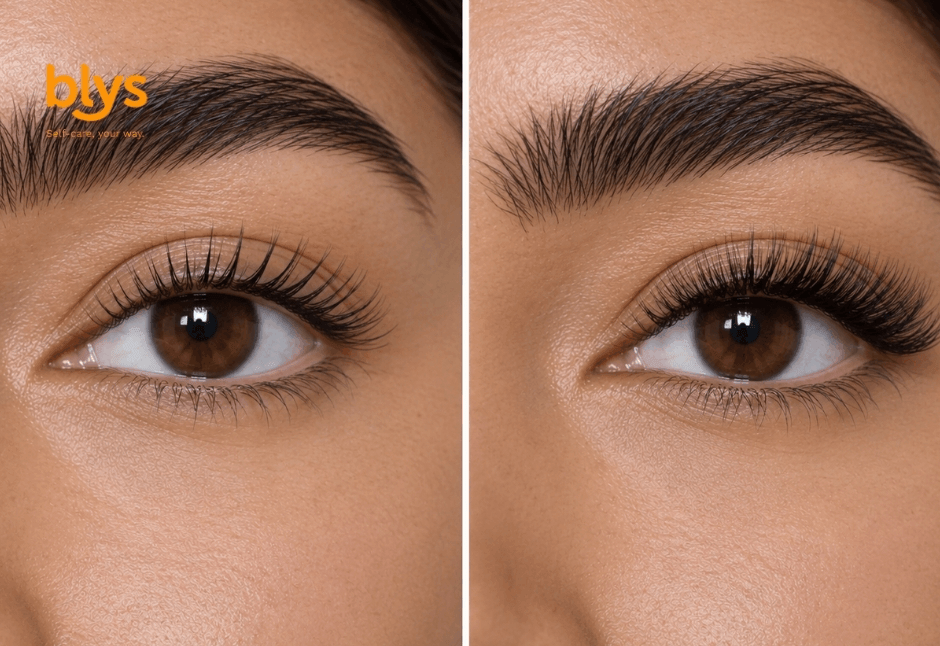 Side-by-side close-up of a brown eye and full dark eyebrow, showing long, lifted eyelashes before and after a beauty treatment; polished, natural look.