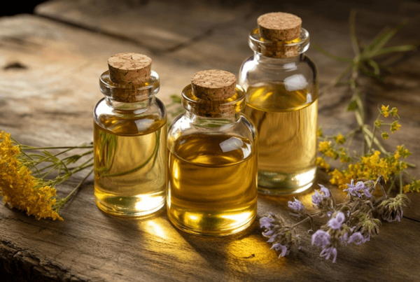 Three corked glass bottles of golden herbal massage oil sit on rustic wood beside yellow and purple flowers, evoking a warm, natural apothecary mood.