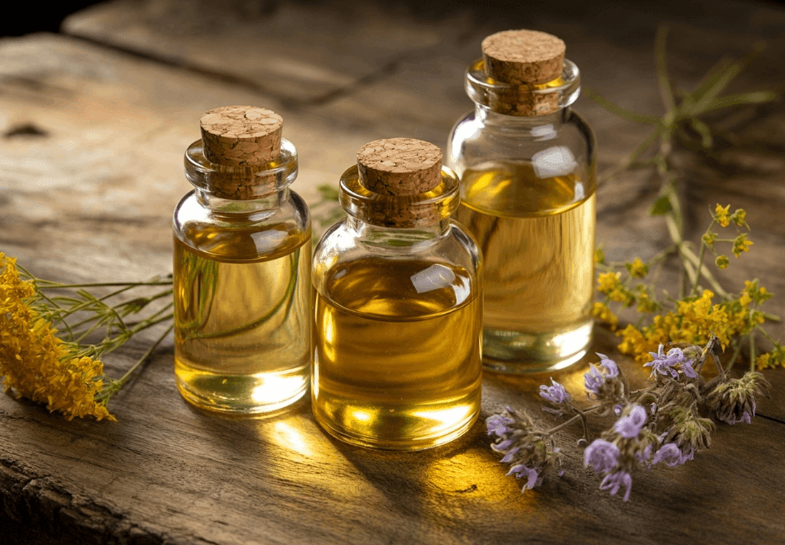 Three corked glass bottles of golden herbal massage oil sit on rustic wood beside yellow and purple flowers, evoking a warm, natural apothecary mood.