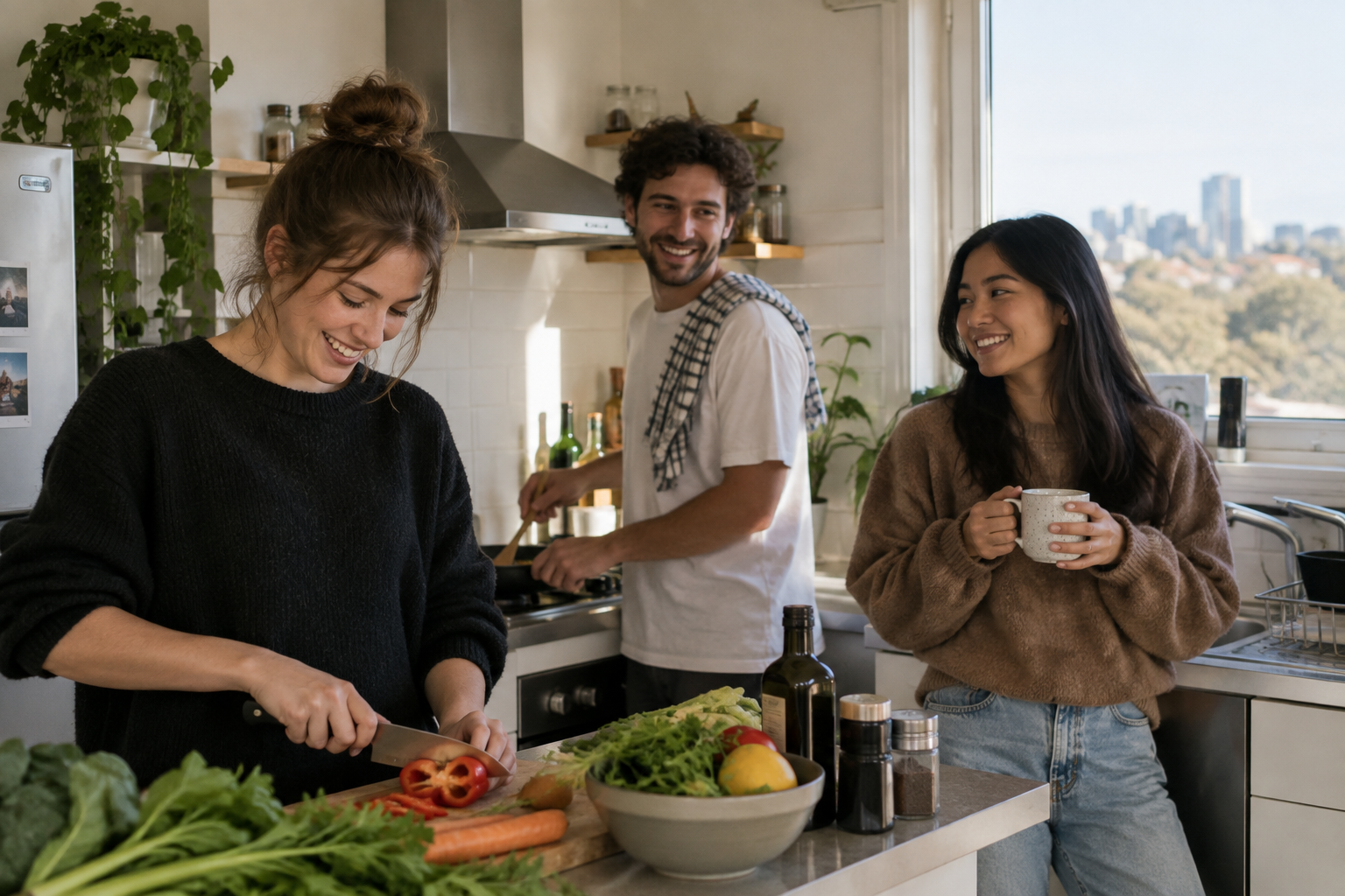 A cosy shared apartment kitchen with young flatmates cooking together