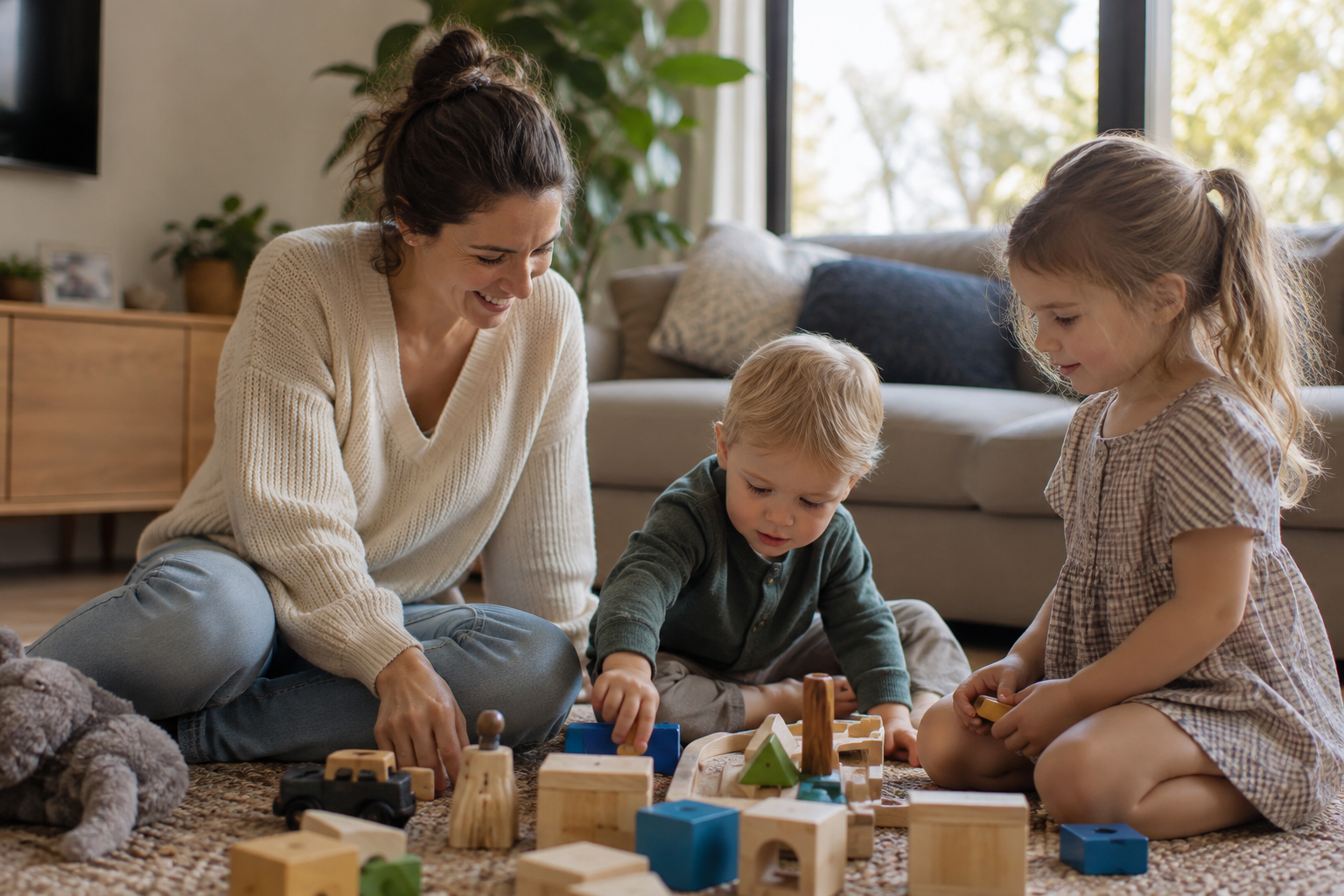 A parent playing with two young children on a living room floor