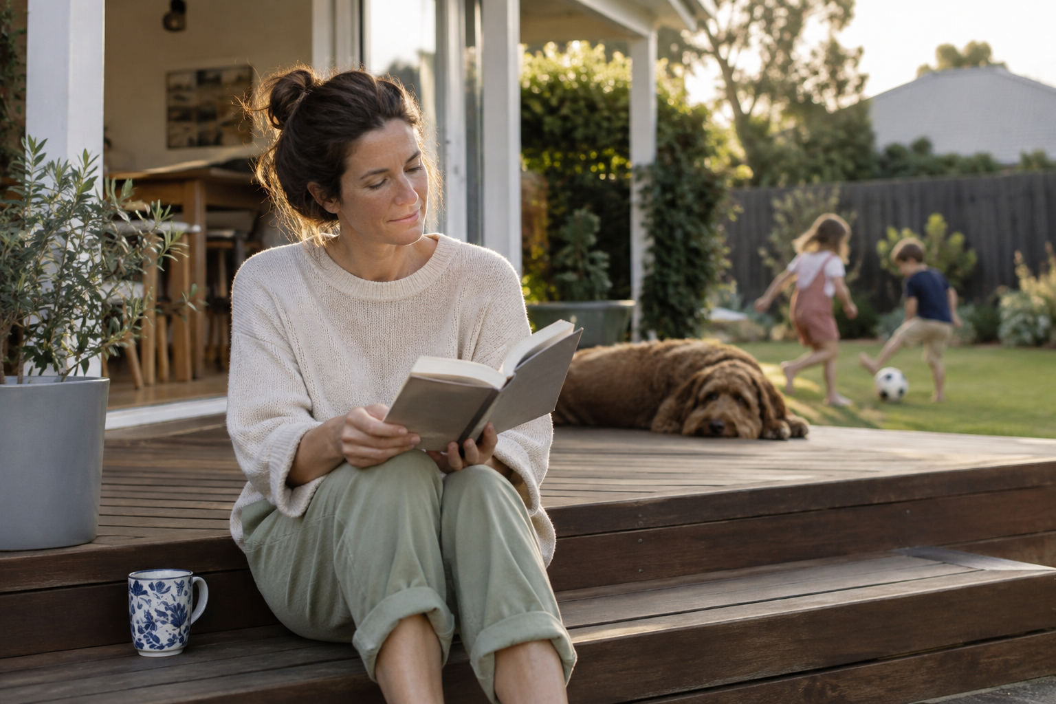 A quiet moment: a parent sitting alone on a step reading a book while kids play in the background, soft focus