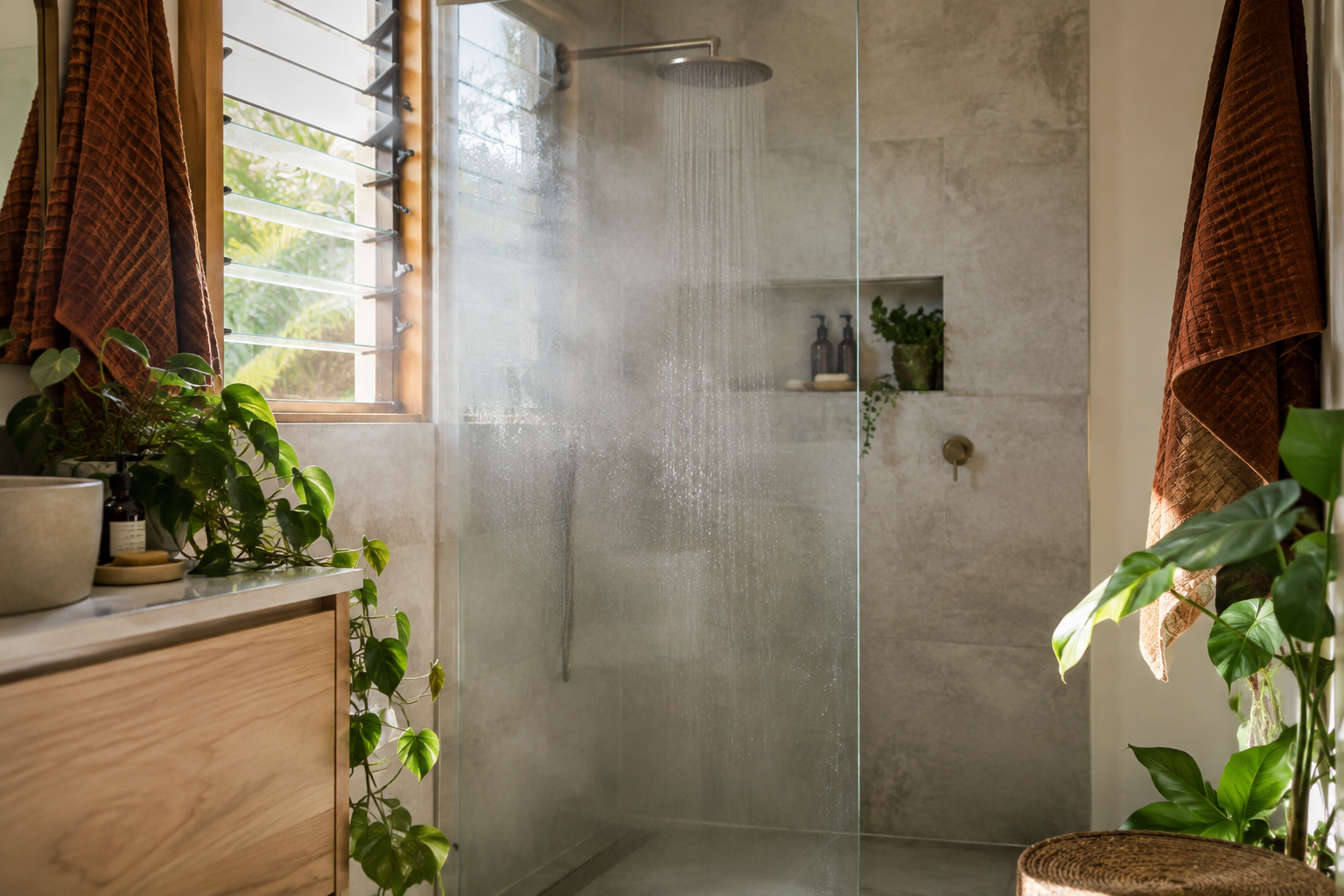 A refreshing modern bathroom shower with steam and plants, no people