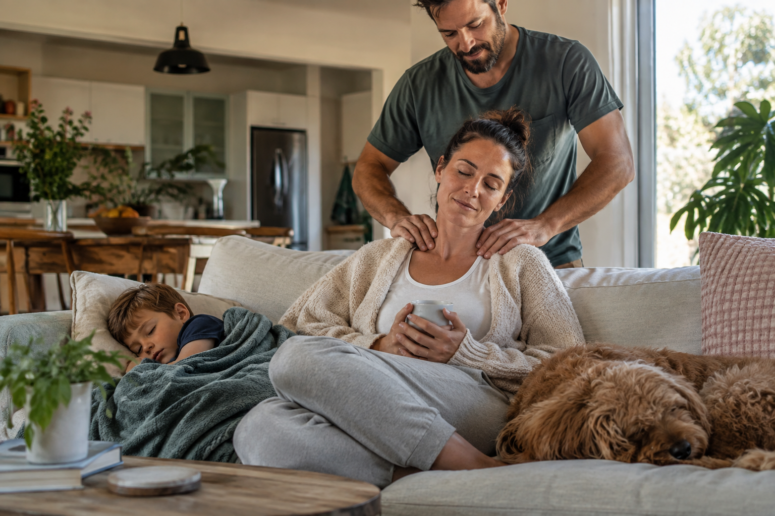 A tired parent receiving a relaxing shoulder massage at home while the house is calm