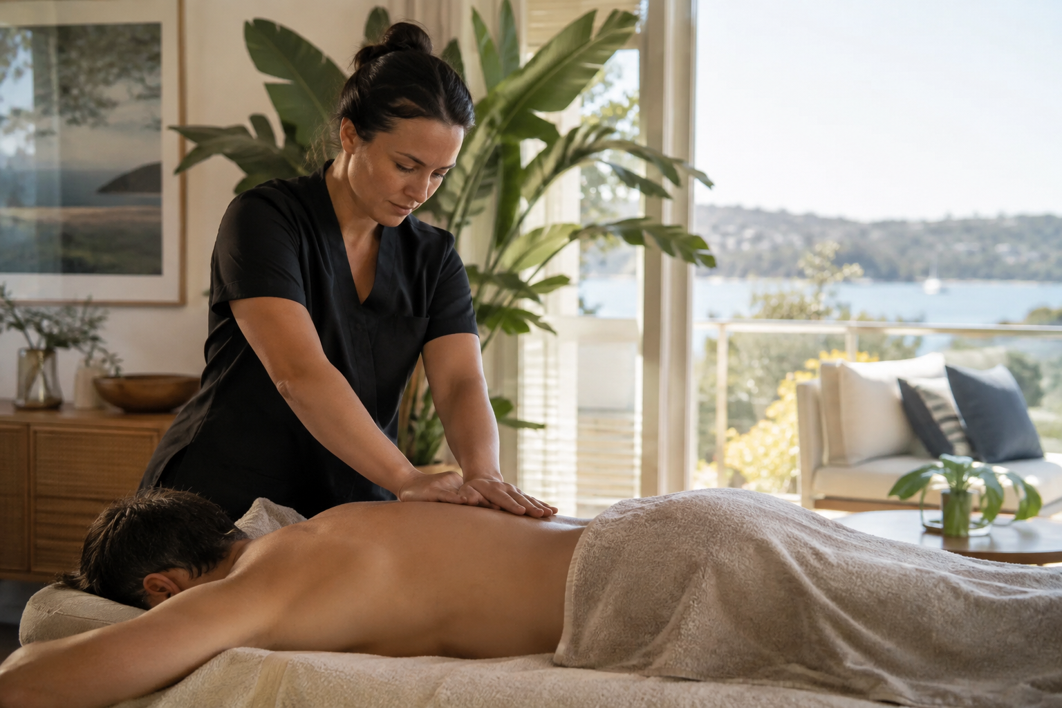 A client lying face down under a towel receiving a back massage at home