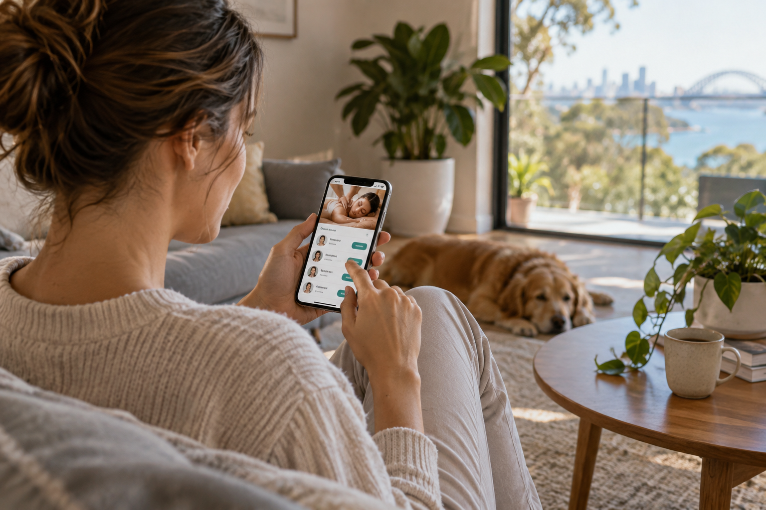 A person booking a massage on a smartphone app at home