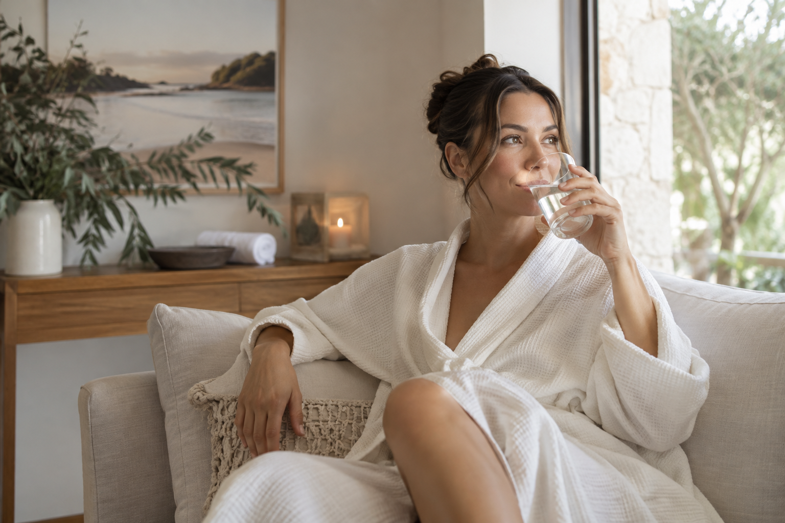 A relaxed woman drinking a glass of water after a massage, sitting on a sofa wrapped in a robe