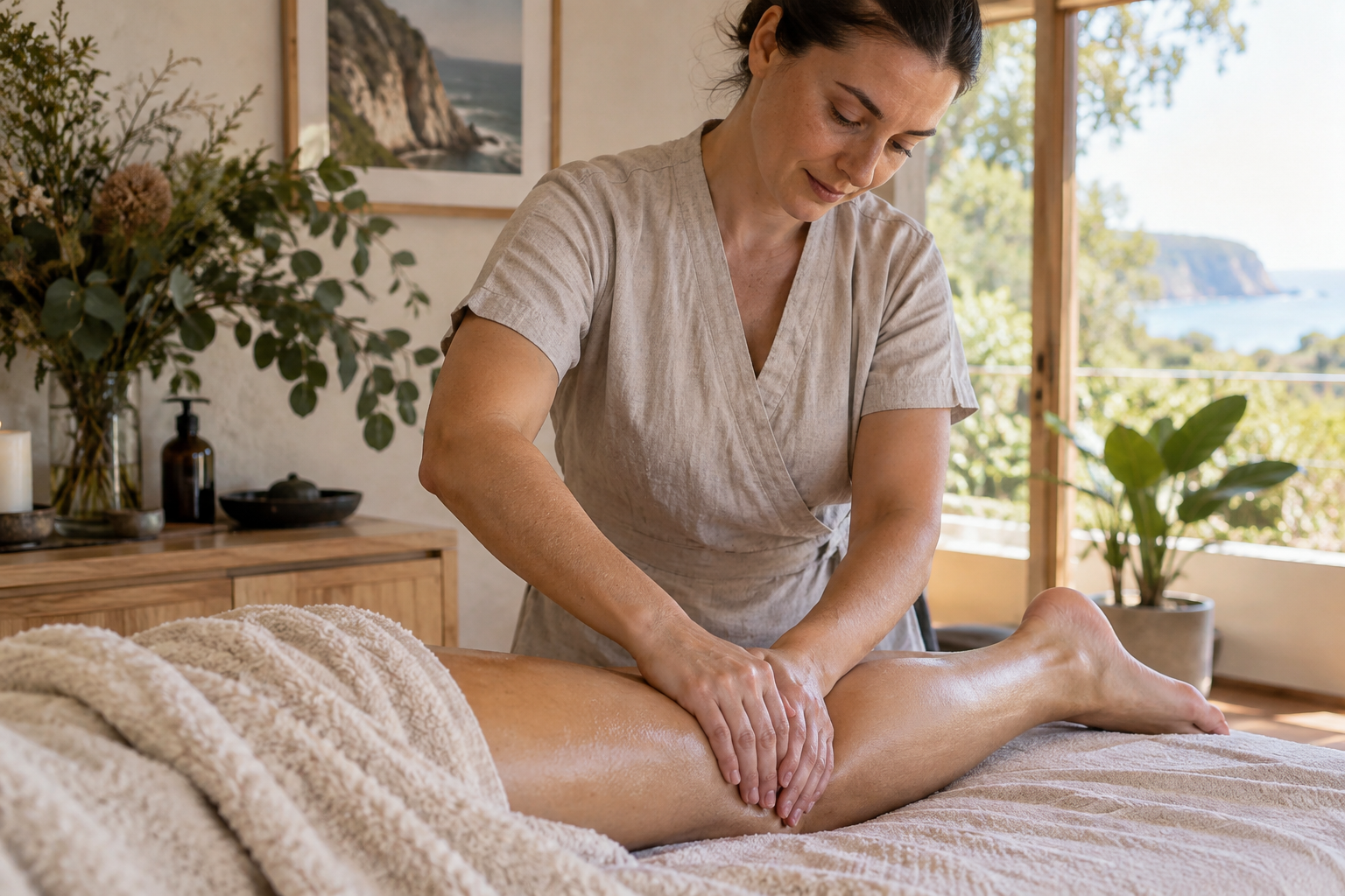 A massage therapist doing gentle lymphatic drainage massage on a client's leg