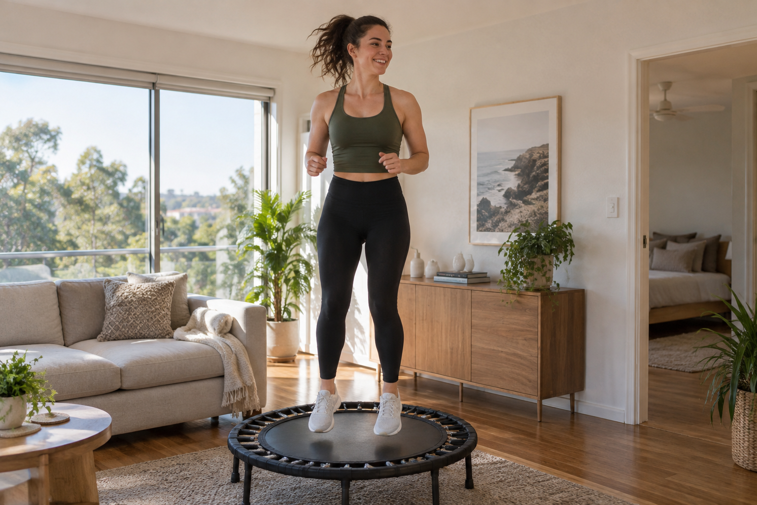 A woman bouncing on a mini trampoline in a bright living room