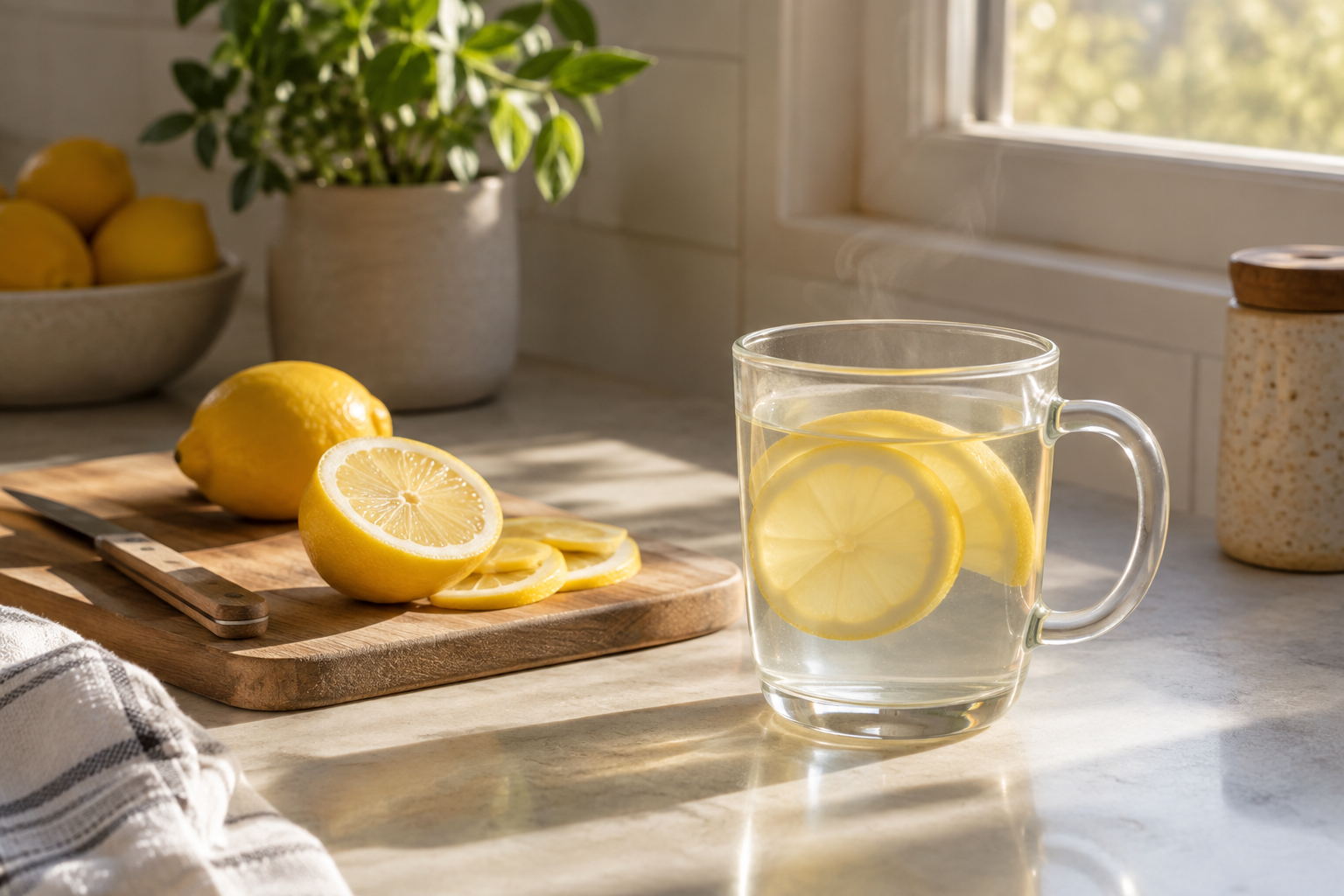 A glass of warm lemon water with lemon slices on a kitchen bench