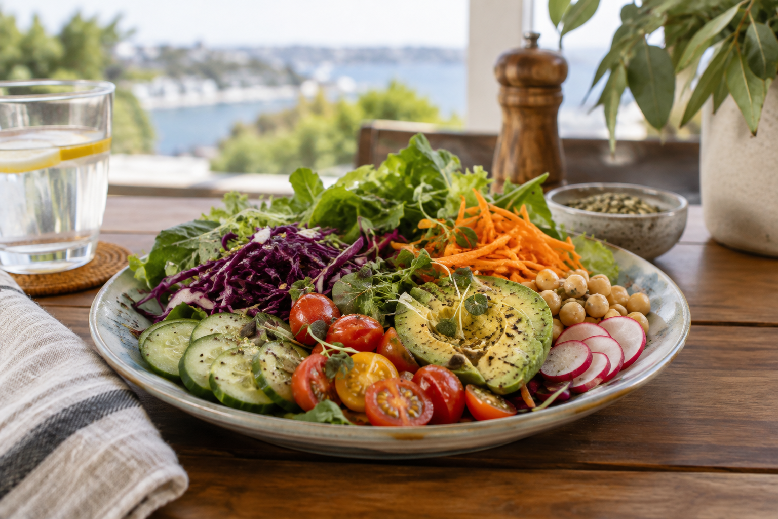 A colourful plate of fresh raw vegetables and salad on a wooden table