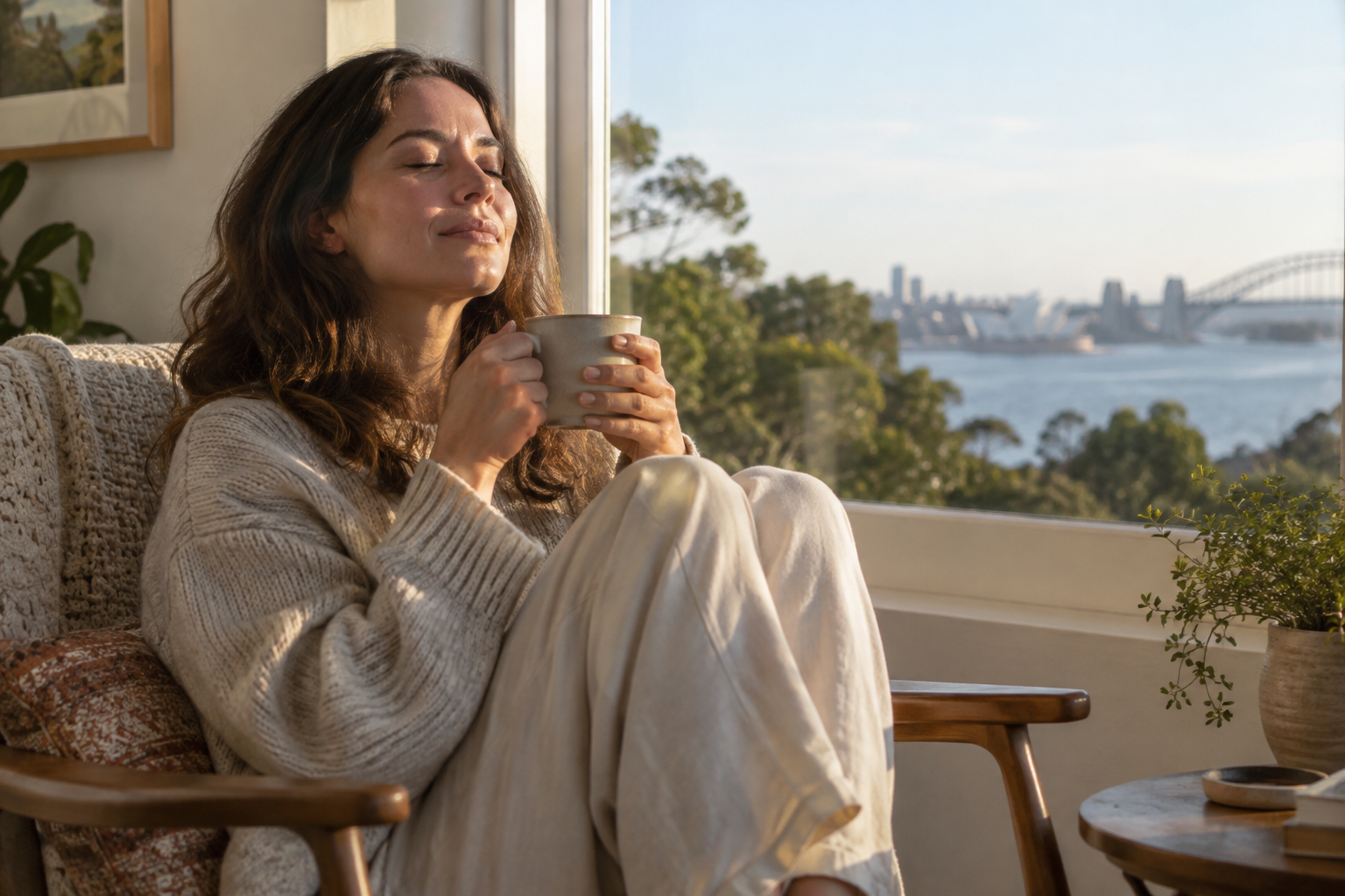 A woman sitting calmly by a window with a cup of tea, eyes closed, breathing