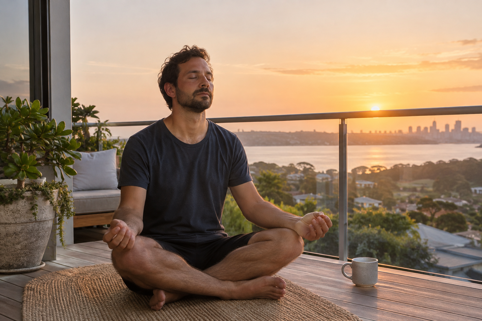 A man meditating cross-legged on a balcony at sunrise