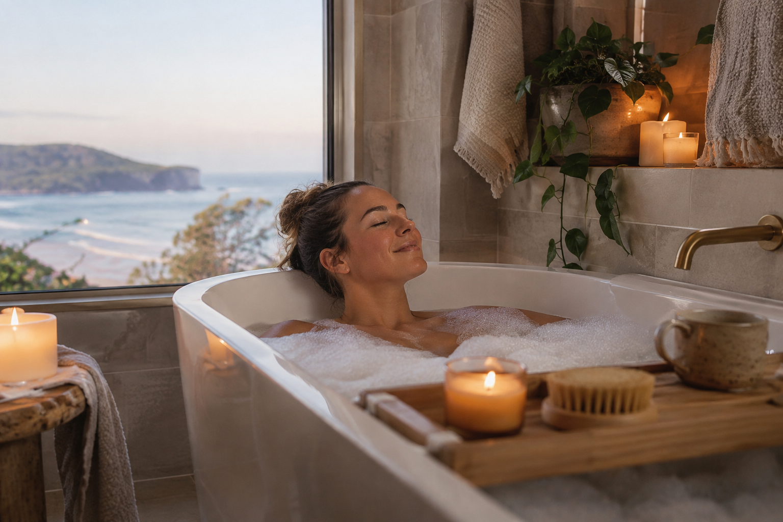 A woman enjoying a warm bath with candles