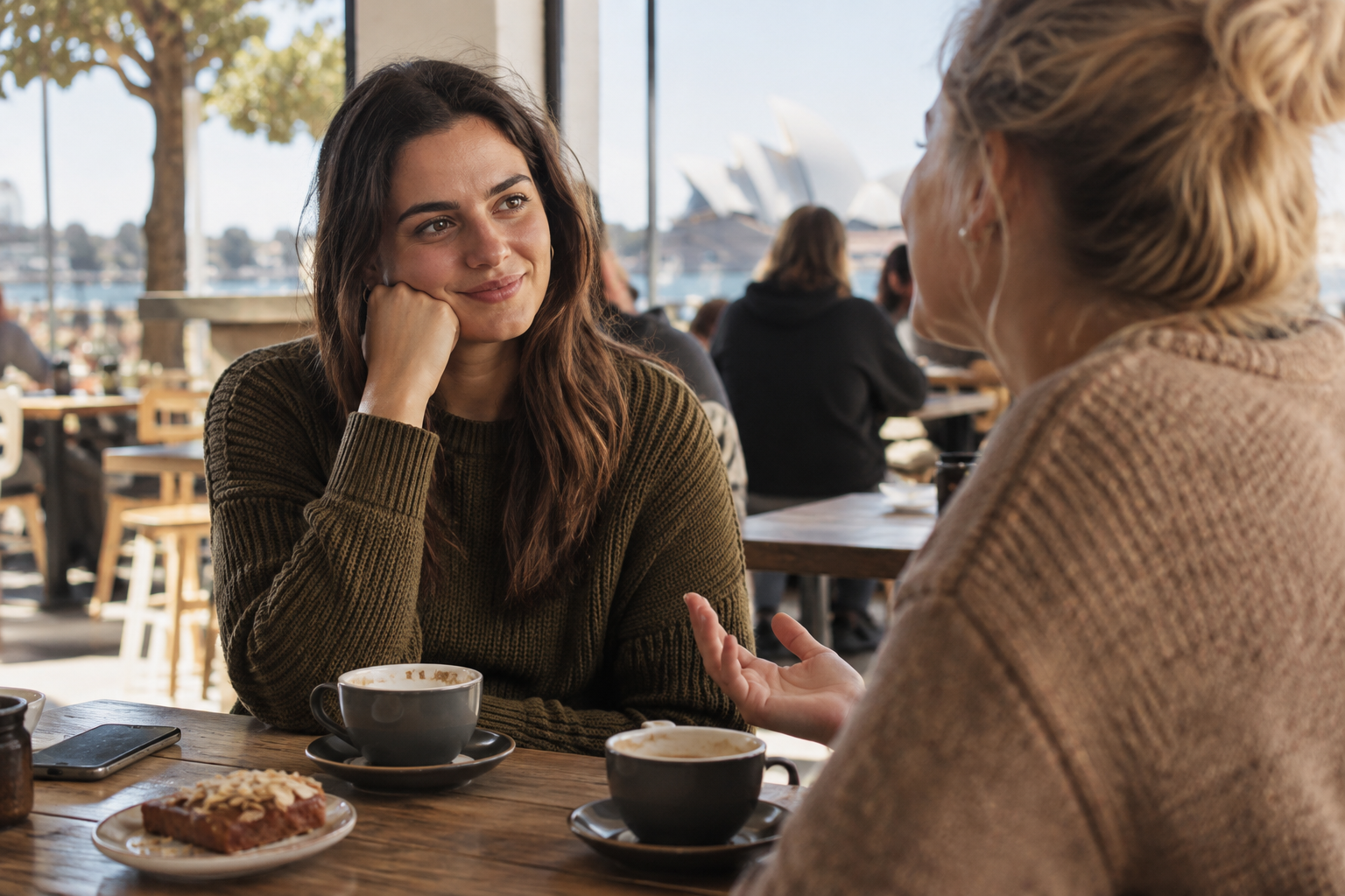 Two friends talking over coffee, one listening attentively