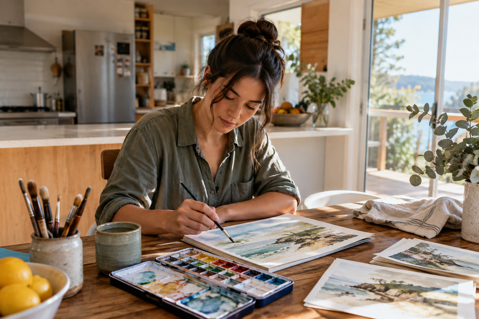 A person absorbed in painting with watercolours at a sunny kitchen table