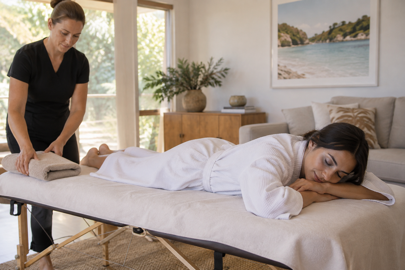 A fully clothed woman in a white robe lying relaxed on a massage table in a calm living room, a therapist placing a folded towel nearby