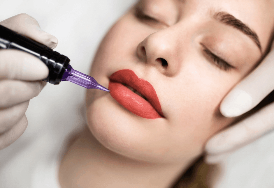 Close-up of a woman receiving cosmetic lip blush tattooing with a purple needle; gloved hands steady her face as red pigment is applied, creating a calm, clinical mood.