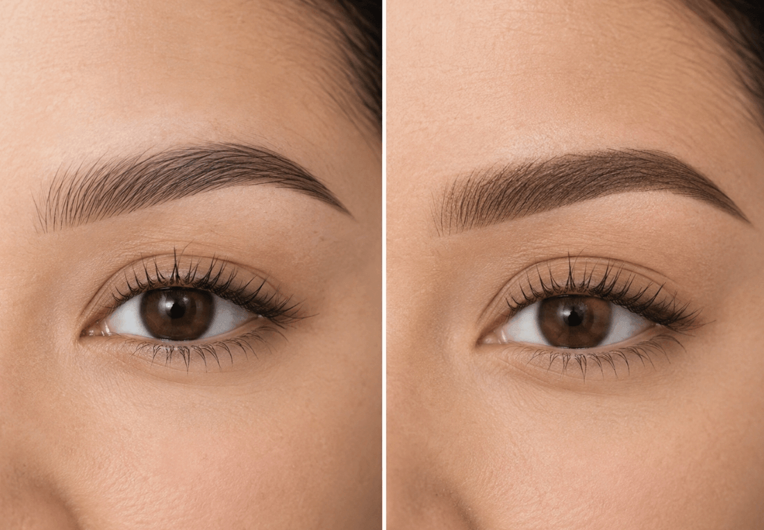 Side-by-side close-ups of an ombre brow and a powder brow, showing a polished, natural beauty result.